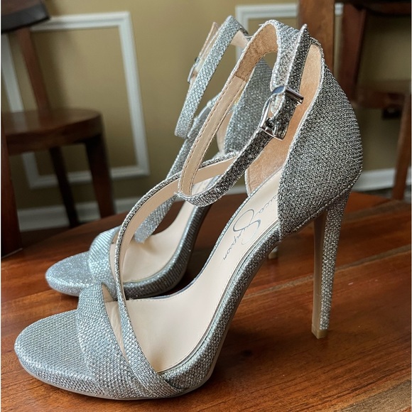 Jessica Simpson Shoes - Jessica Simpson Silver Sparkling Open Toe Ankle Strap Heels